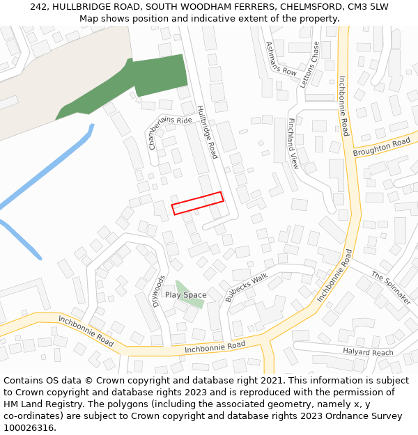 242, HULLBRIDGE ROAD, SOUTH WOODHAM FERRERS, CHELMSFORD, CM3 5LW: Location map and indicative extent of plot