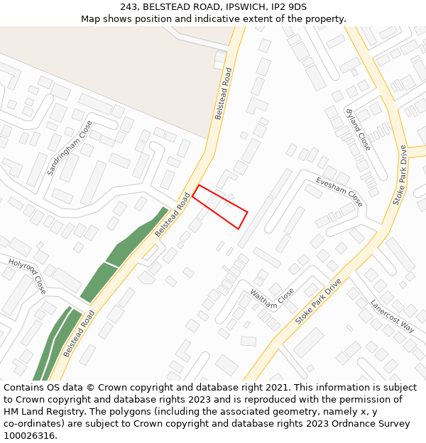 243, BELSTEAD ROAD, IPSWICH, IP2 9DS: Location map and indicative extent of plot