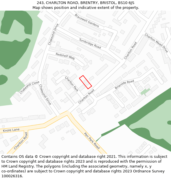 243, CHARLTON ROAD, BRENTRY, BRISTOL, BS10 6JS: Location map and indicative extent of plot