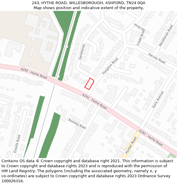 243, HYTHE ROAD, WILLESBOROUGH, ASHFORD, TN24 0QA: Location map and indicative extent of plot