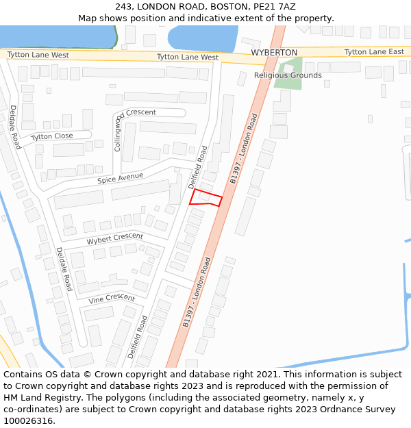 243, LONDON ROAD, BOSTON, PE21 7AZ: Location map and indicative extent of plot