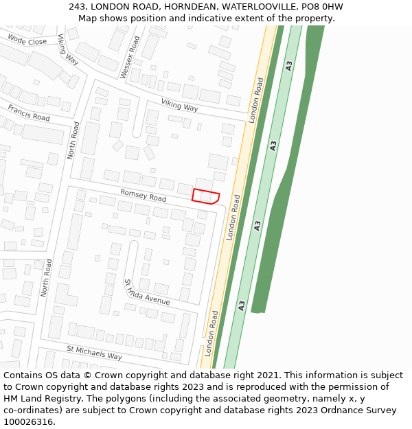243, LONDON ROAD, HORNDEAN, WATERLOOVILLE, PO8 0HW: Location map and indicative extent of plot