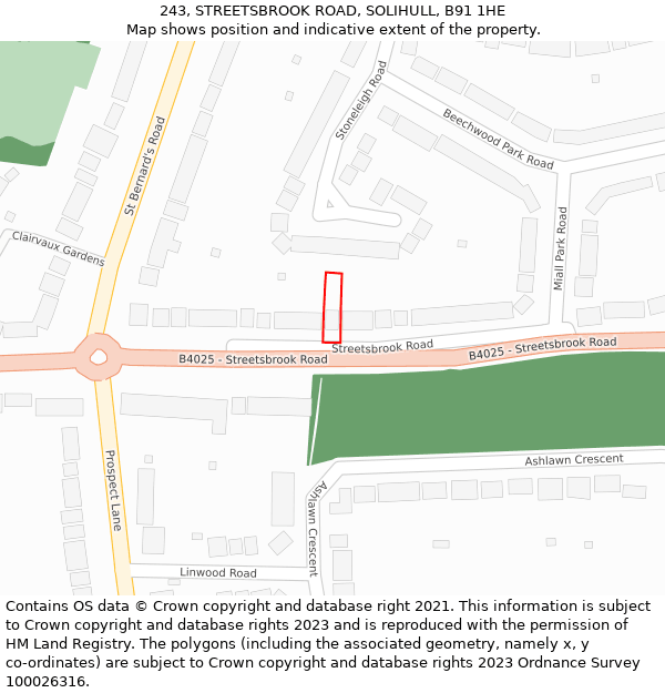 243, STREETSBROOK ROAD, SOLIHULL, B91 1HE: Location map and indicative extent of plot