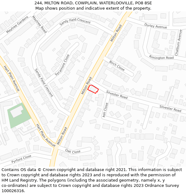 244, MILTON ROAD, COWPLAIN, WATERLOOVILLE, PO8 8SE: Location map and indicative extent of plot