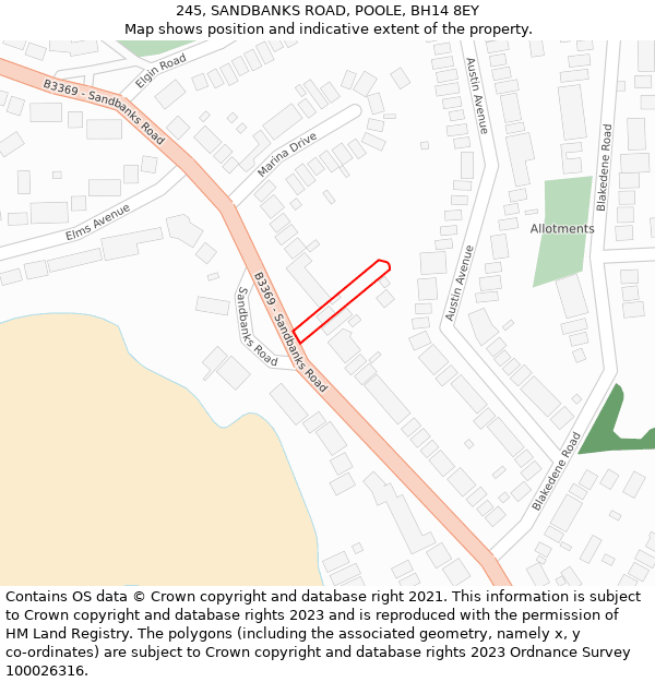 245, SANDBANKS ROAD, POOLE, BH14 8EY: Location map and indicative extent of plot