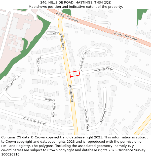 246, HILLSIDE ROAD, HASTINGS, TN34 2QZ: Location map and indicative extent of plot