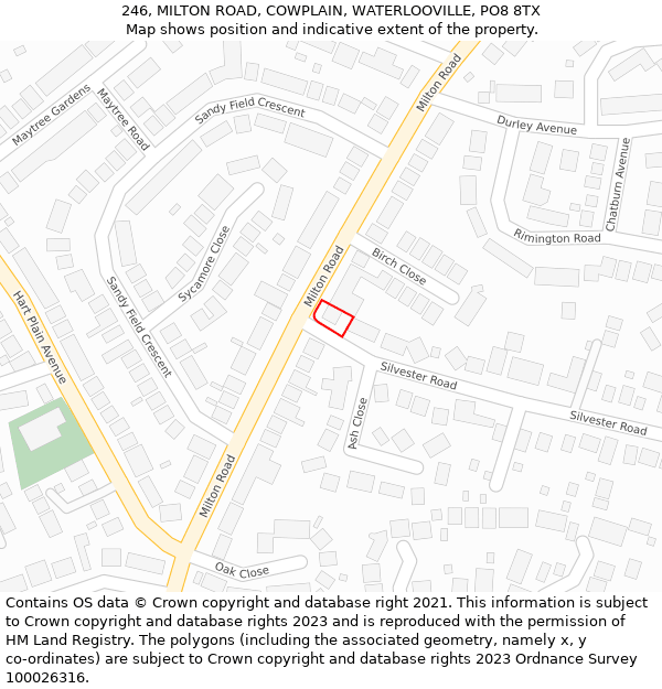 246, MILTON ROAD, COWPLAIN, WATERLOOVILLE, PO8 8TX: Location map and indicative extent of plot