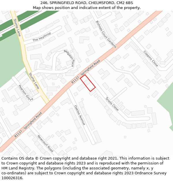 246, SPRINGFIELD ROAD, CHELMSFORD, CM2 6BS: Location map and indicative extent of plot