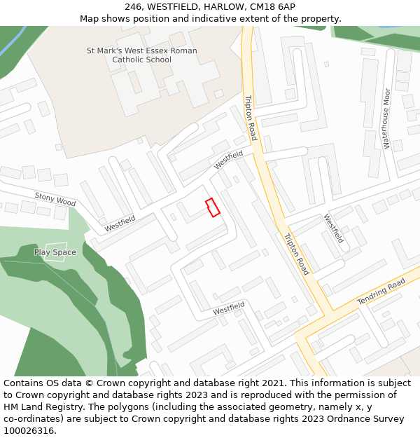 246, WESTFIELD, HARLOW, CM18 6AP: Location map and indicative extent of plot