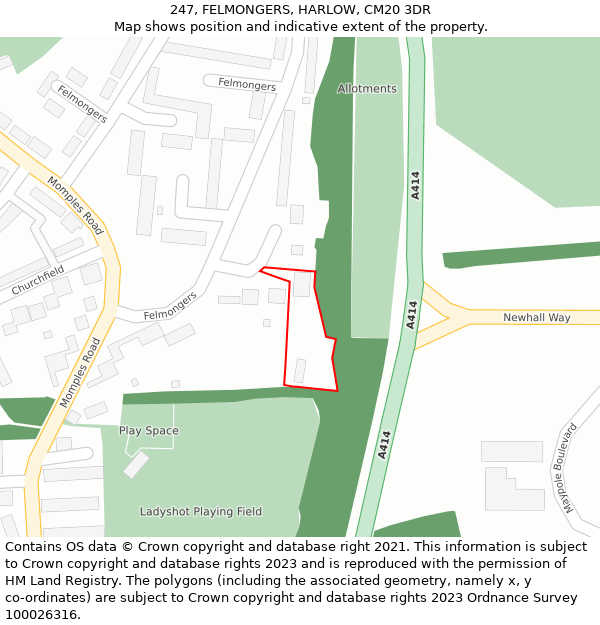 247, FELMONGERS, HARLOW, CM20 3DR: Location map and indicative extent of plot