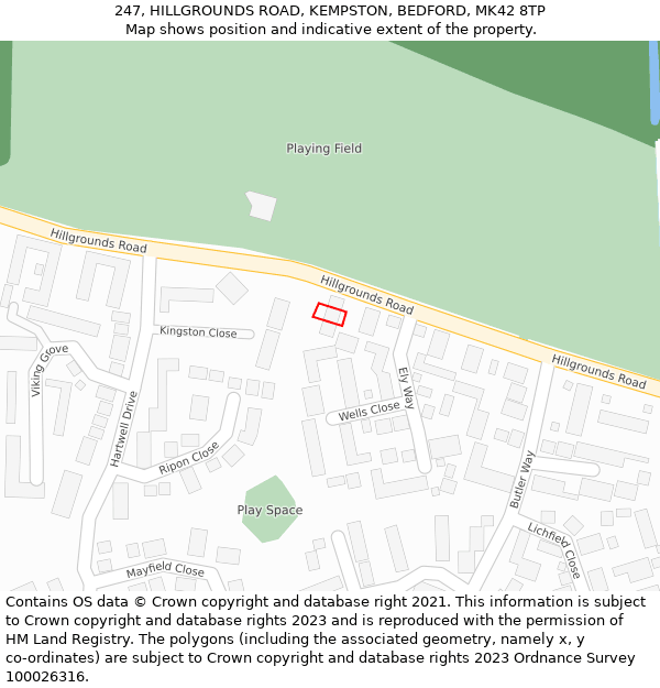 247, HILLGROUNDS ROAD, KEMPSTON, BEDFORD, MK42 8TP: Location map and indicative extent of plot