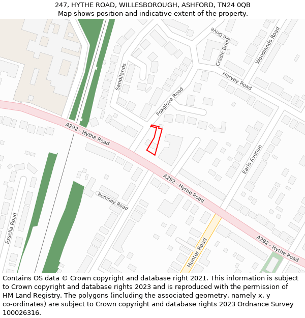 247, HYTHE ROAD, WILLESBOROUGH, ASHFORD, TN24 0QB: Location map and indicative extent of plot