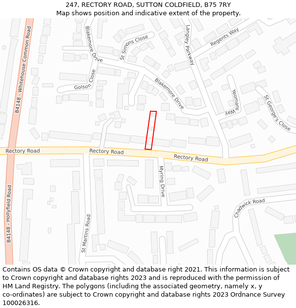 247, RECTORY ROAD, SUTTON COLDFIELD, B75 7RY: Location map and indicative extent of plot