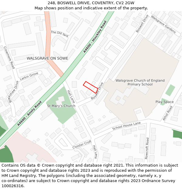 248, BOSWELL DRIVE, COVENTRY, CV2 2GW: Location map and indicative extent of plot