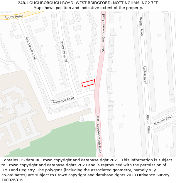 248, LOUGHBOROUGH ROAD, WEST BRIDGFORD, NOTTINGHAM, NG2 7EE: Location map and indicative extent of plot