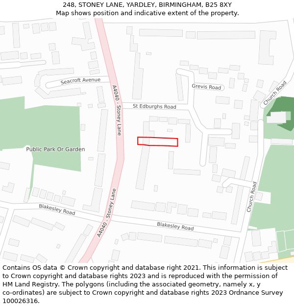 248, STONEY LANE, YARDLEY, BIRMINGHAM, B25 8XY: Location map and indicative extent of plot