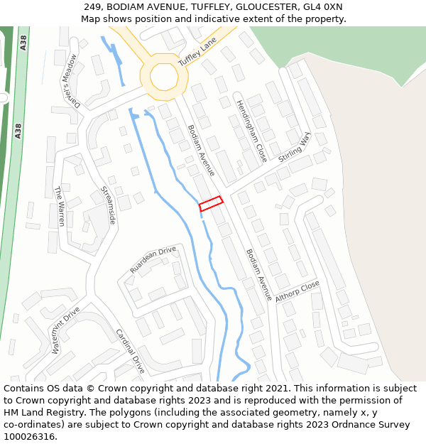 249, BODIAM AVENUE, TUFFLEY, GLOUCESTER, GL4 0XN: Location map and indicative extent of plot