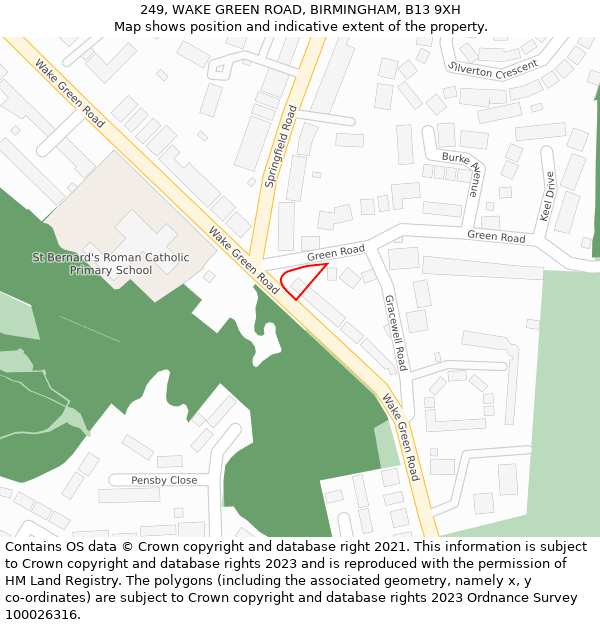 249, WAKE GREEN ROAD, BIRMINGHAM, B13 9XH: Location map and indicative extent of plot