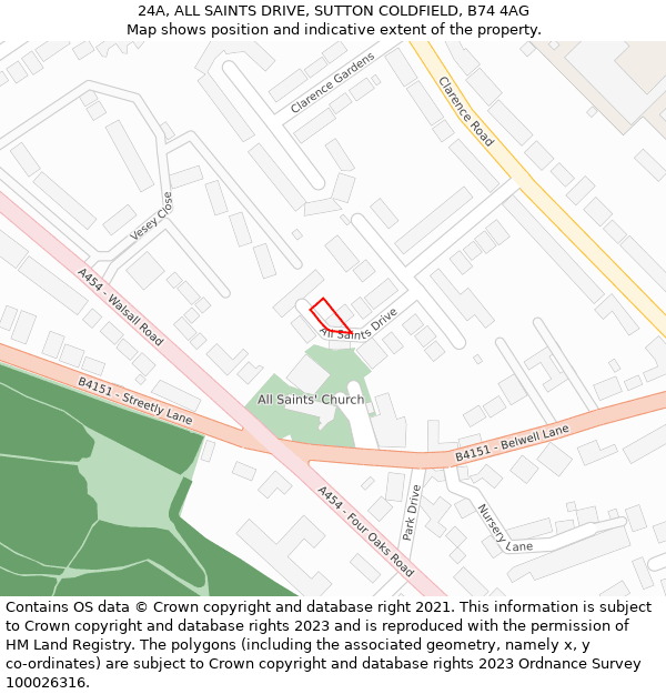 24A, ALL SAINTS DRIVE, SUTTON COLDFIELD, B74 4AG: Location map and indicative extent of plot