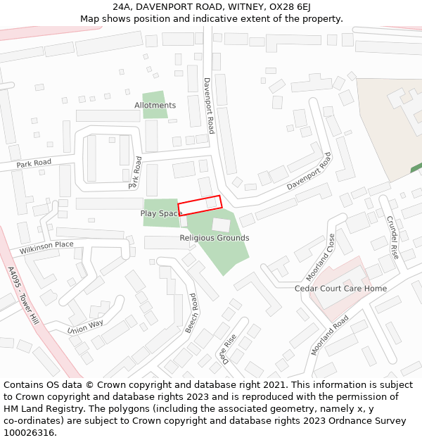 24A, DAVENPORT ROAD, WITNEY, OX28 6EJ: Location map and indicative extent of plot