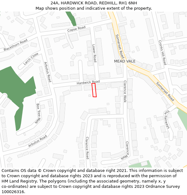 24A, HARDWICK ROAD, REDHILL, RH1 6NH: Location map and indicative extent of plot