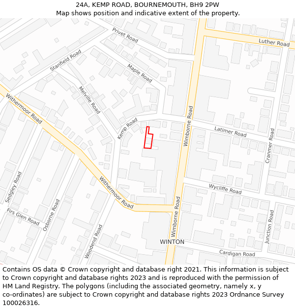 24A, KEMP ROAD, BOURNEMOUTH, BH9 2PW: Location map and indicative extent of plot