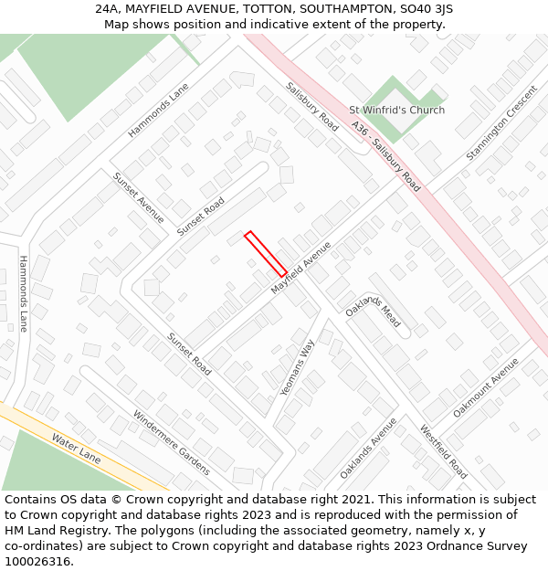 24A, MAYFIELD AVENUE, TOTTON, SOUTHAMPTON, SO40 3JS: Location map and indicative extent of plot