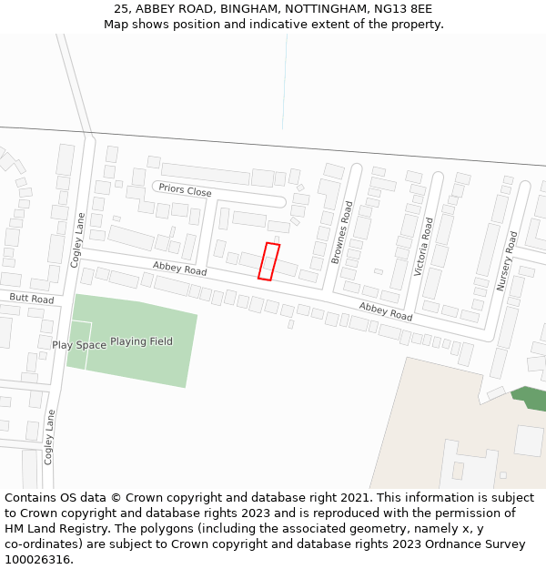 25, ABBEY ROAD, BINGHAM, NOTTINGHAM, NG13 8EE: Location map and indicative extent of plot