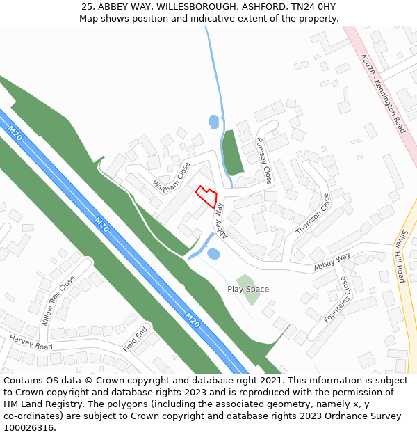 25, ABBEY WAY, WILLESBOROUGH, ASHFORD, TN24 0HY: Location map and indicative extent of plot