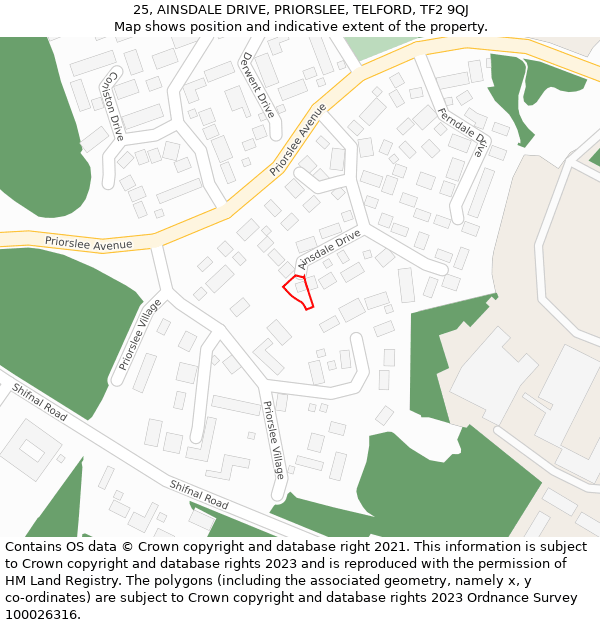 25, AINSDALE DRIVE, PRIORSLEE, TELFORD, TF2 9QJ: Location map and indicative extent of plot