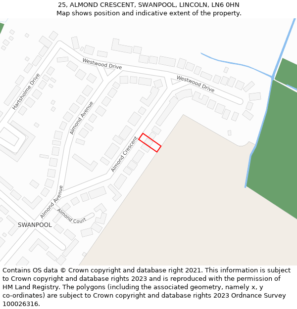 25, ALMOND CRESCENT, SWANPOOL, LINCOLN, LN6 0HN: Location map and indicative extent of plot