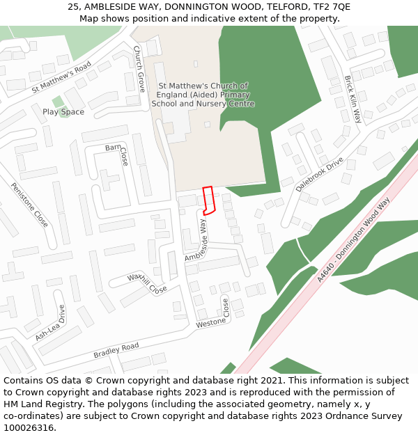 25, AMBLESIDE WAY, DONNINGTON WOOD, TELFORD, TF2 7QE: Location map and indicative extent of plot