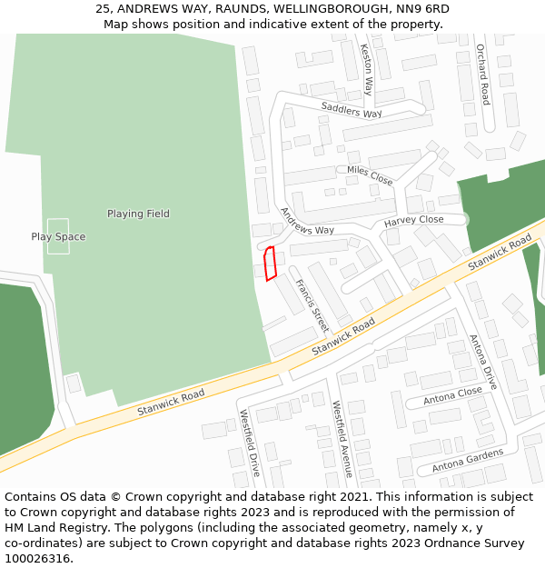 25, ANDREWS WAY, RAUNDS, WELLINGBOROUGH, NN9 6RD: Location map and indicative extent of plot