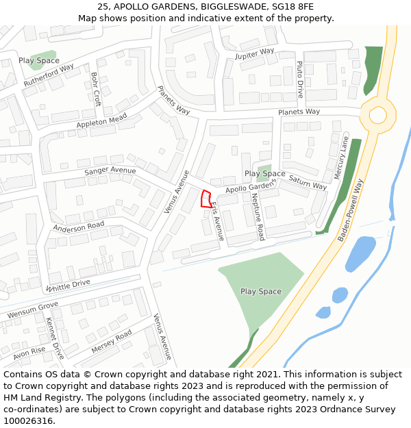 25, APOLLO GARDENS, BIGGLESWADE, SG18 8FE: Location map and indicative extent of plot