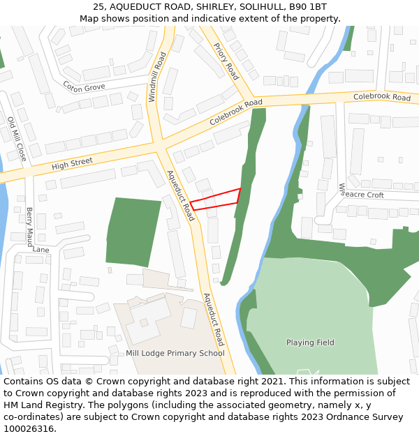 25, AQUEDUCT ROAD, SHIRLEY, SOLIHULL, B90 1BT: Location map and indicative extent of plot