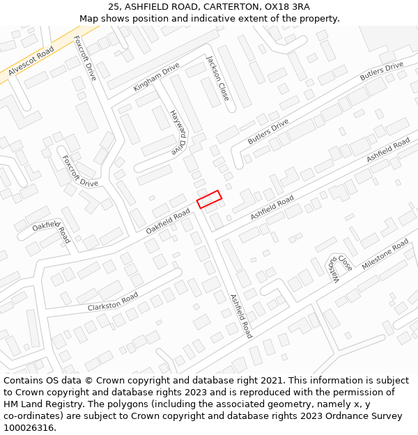 25, ASHFIELD ROAD, CARTERTON, OX18 3RA: Location map and indicative extent of plot