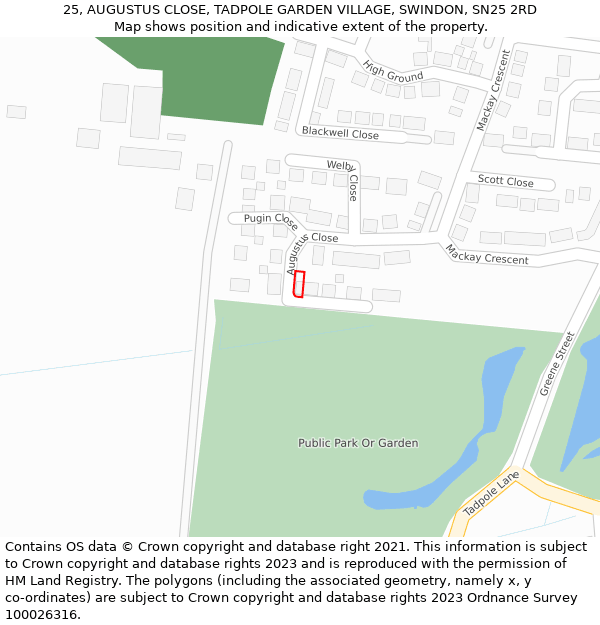 25, AUGUSTUS CLOSE, TADPOLE GARDEN VILLAGE, SWINDON, SN25 2RD: Location map and indicative extent of plot