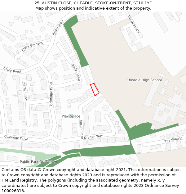 25, AUSTIN CLOSE, CHEADLE, STOKE-ON-TRENT, ST10 1YF: Location map and indicative extent of plot