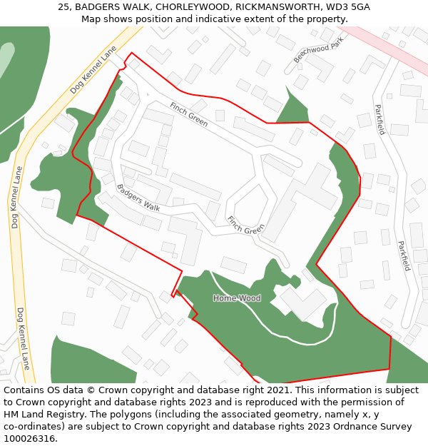 25, BADGERS WALK, CHORLEYWOOD, RICKMANSWORTH, WD3 5GA: Location map and indicative extent of plot