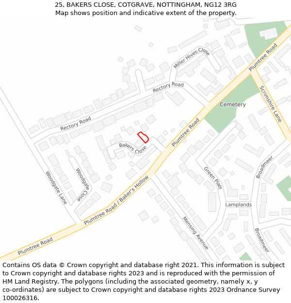 25, BAKERS CLOSE, COTGRAVE, NOTTINGHAM, NG12 3RG: Location map and indicative extent of plot