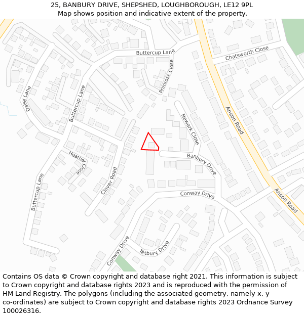 25, BANBURY DRIVE, SHEPSHED, LOUGHBOROUGH, LE12 9PL: Location map and indicative extent of plot