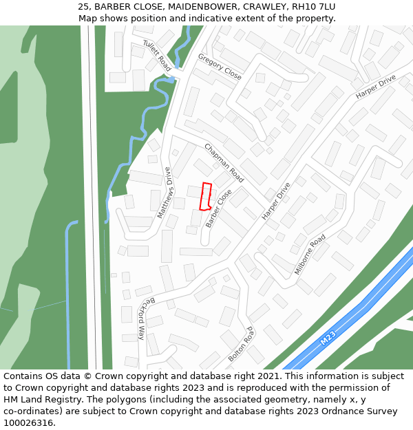 25, BARBER CLOSE, MAIDENBOWER, CRAWLEY, RH10 7LU: Location map and indicative extent of plot