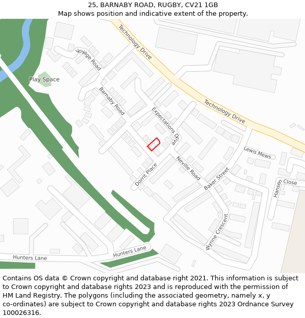 25, BARNABY ROAD, RUGBY, CV21 1GB: Location map and indicative extent of plot