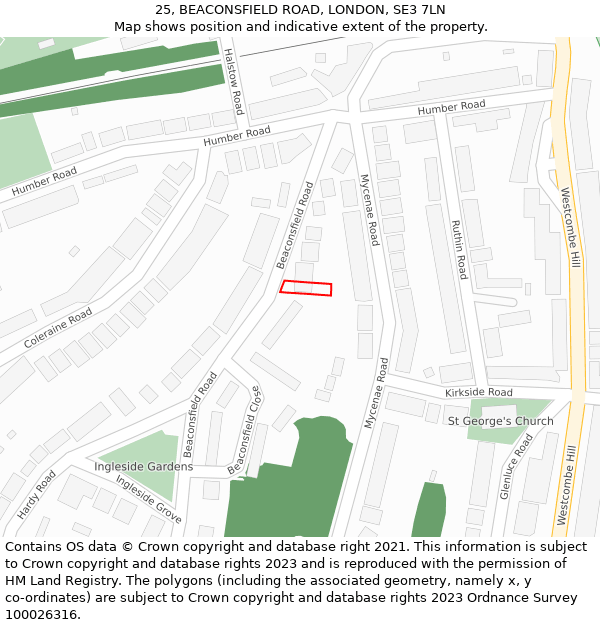 25, BEACONSFIELD ROAD, LONDON, SE3 7LN: Location map and indicative extent of plot