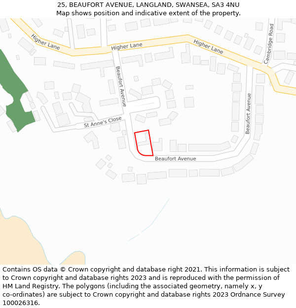 25, BEAUFORT AVENUE, LANGLAND, SWANSEA, SA3 4NU: Location map and indicative extent of plot