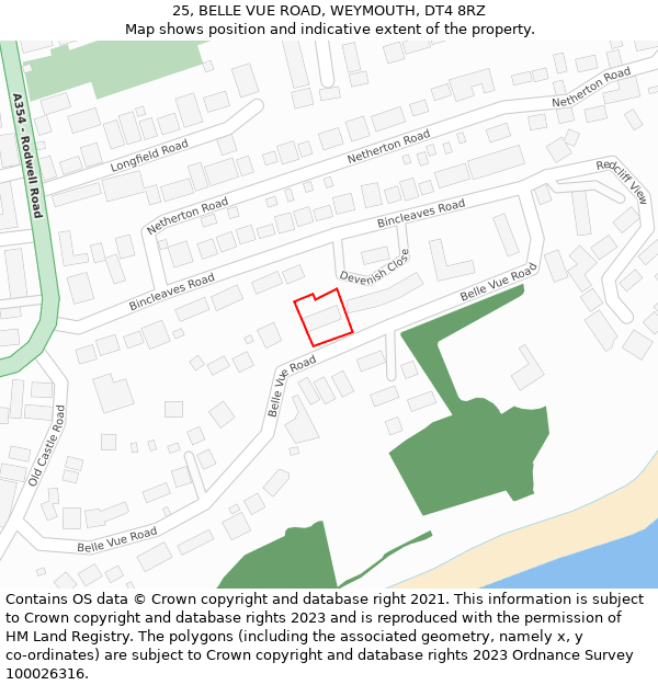 25, BELLE VUE ROAD, WEYMOUTH, DT4 8RZ: Location map and indicative extent of plot
