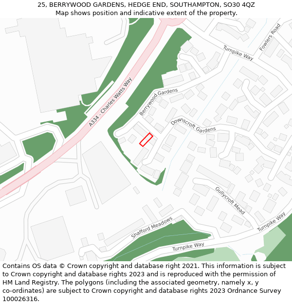 25, BERRYWOOD GARDENS, HEDGE END, SOUTHAMPTON, SO30 4QZ: Location map and indicative extent of plot