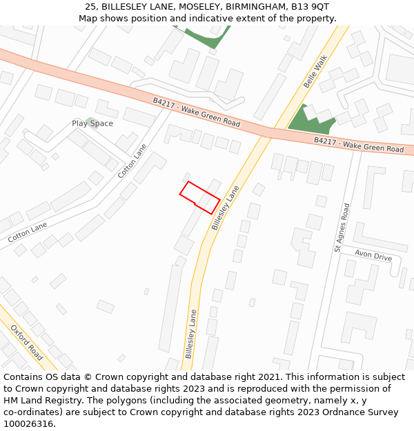 25, BILLESLEY LANE, MOSELEY, BIRMINGHAM, B13 9QT: Location map and indicative extent of plot