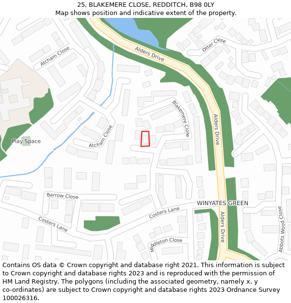 25, BLAKEMERE CLOSE, REDDITCH, B98 0LY: Location map and indicative extent of plot