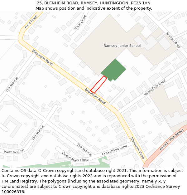 25, BLENHEIM ROAD, RAMSEY, HUNTINGDON, PE26 1AN: Location map and indicative extent of plot